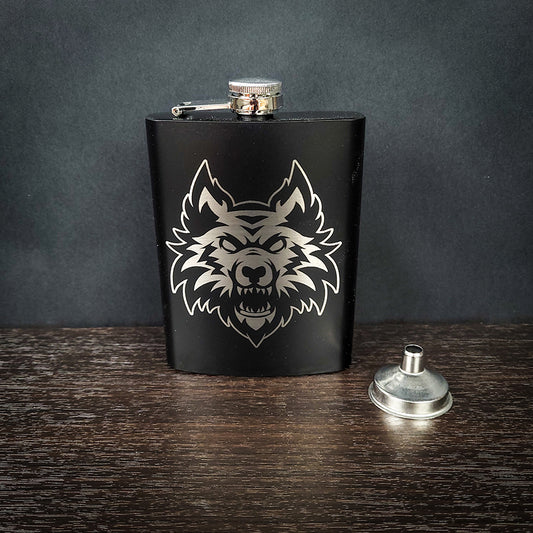 Laser Engraved Stainless Steel Wolf Flask