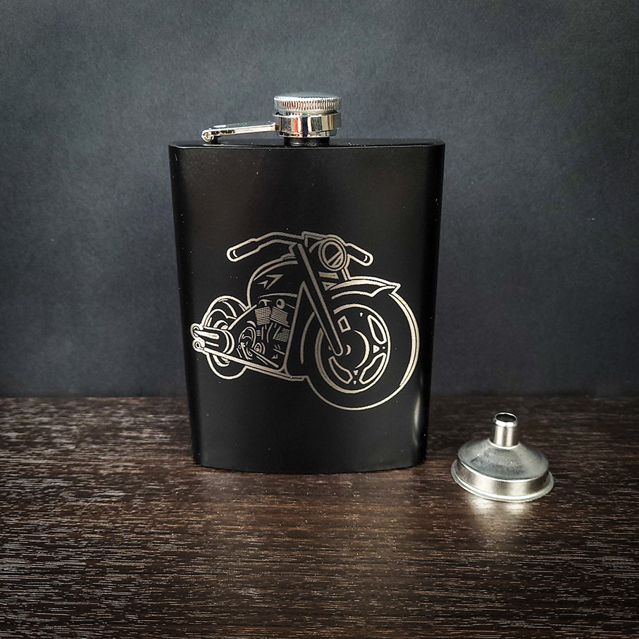 Laser Engraved Motorcycle Stainless Steel Flask