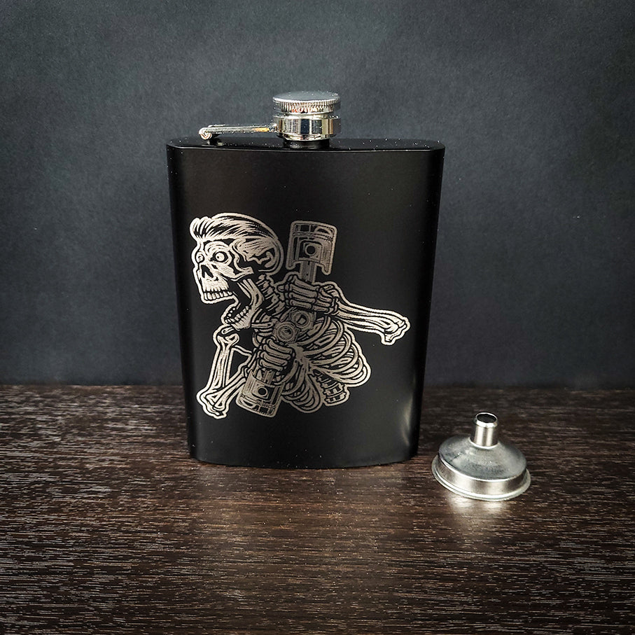 Rockabilly Skeleton with Pistons Laser Engraved Stainless Steel Flask