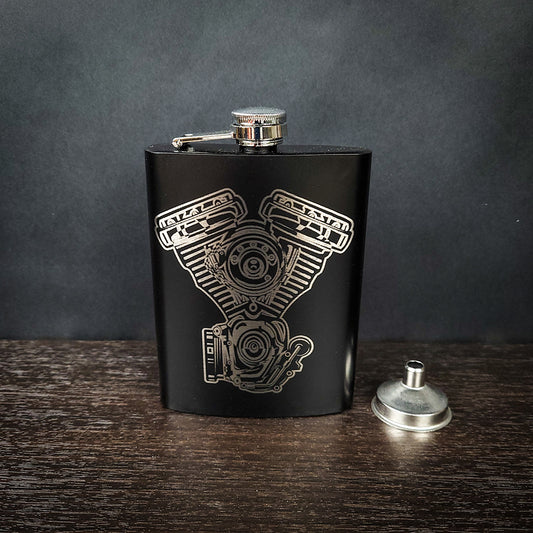 Motorcycle Engine Laser Engraved Stainless Steel Flask