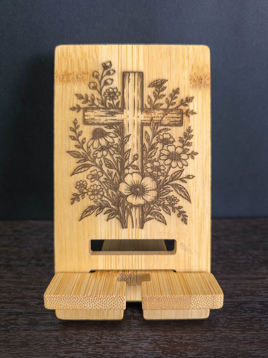 Cross and Flowers Engraved Phone Stand