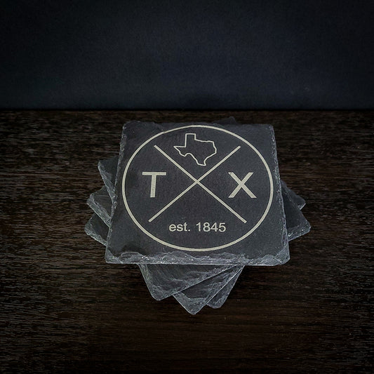 Laser Engraved Texas Est 1894 Slate Coaster Set