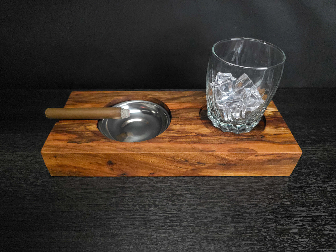 Spalted Pecan Cigar Ashtray with Cocktail Glass Area