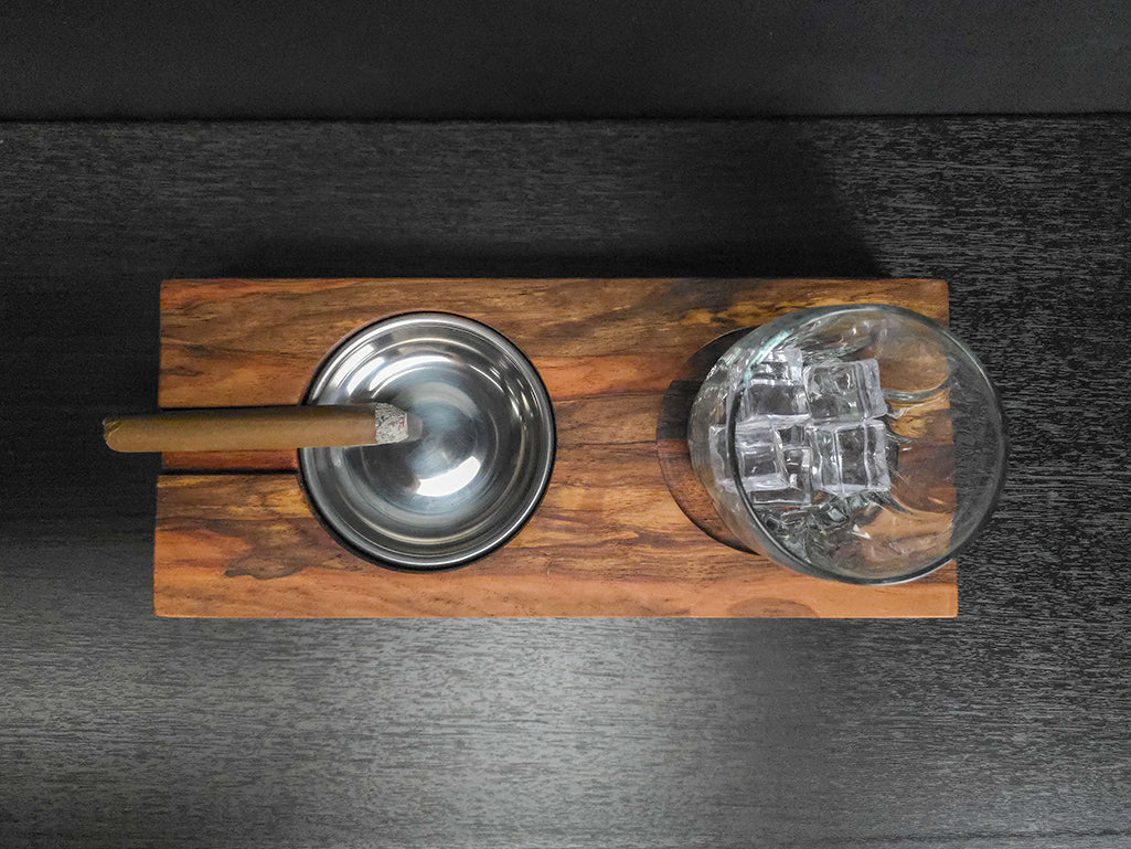 Spalted Pecan Cigar Ashtray with Cocktail Glass Area