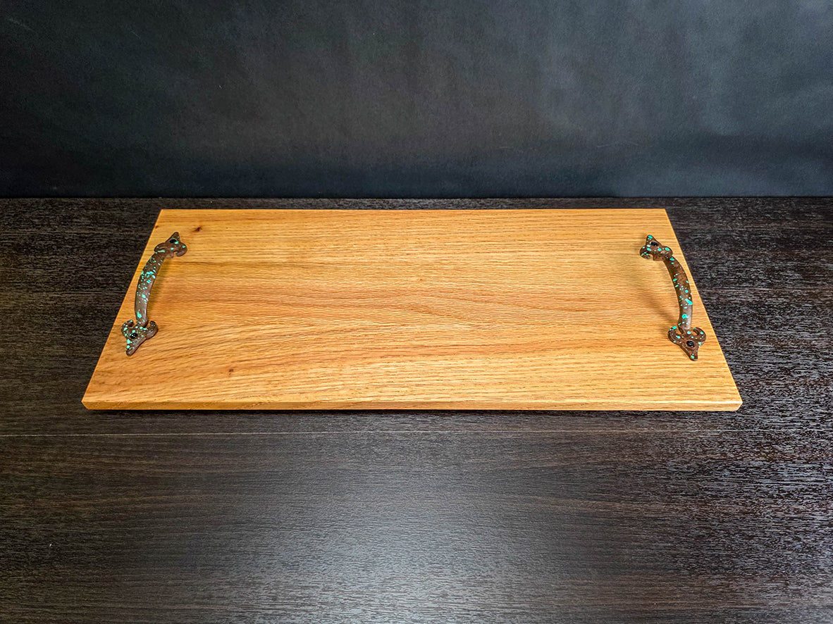 Rustic Solid Oak Serving Tray with Decorative Metal Handles