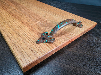 Rustic Solid Oak Serving Tray with Decorative Metal Handles