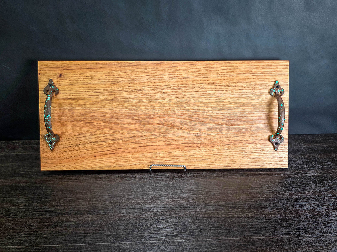 Rustic Solid Oak Serving Tray with Decorative Metal Handles