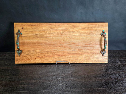 Rustic Solid Oak Serving Tray with Decorative Metal Handles
