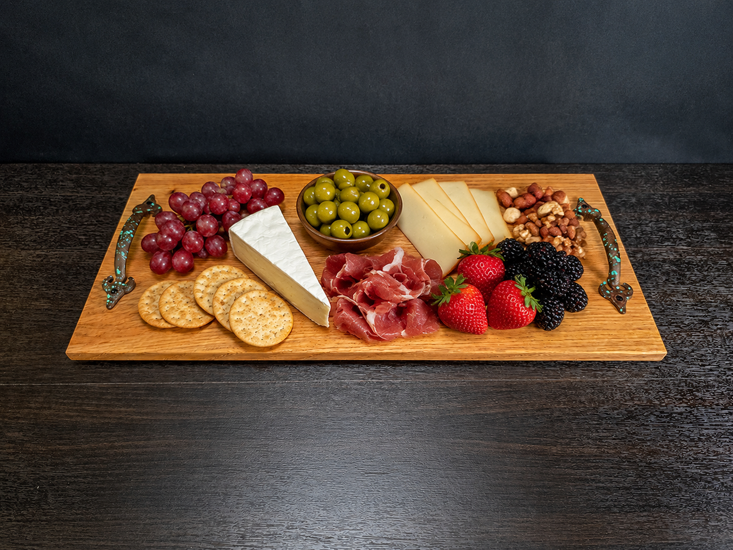 Rustic Solid Oak Serving Tray with Decorative Metal Handles