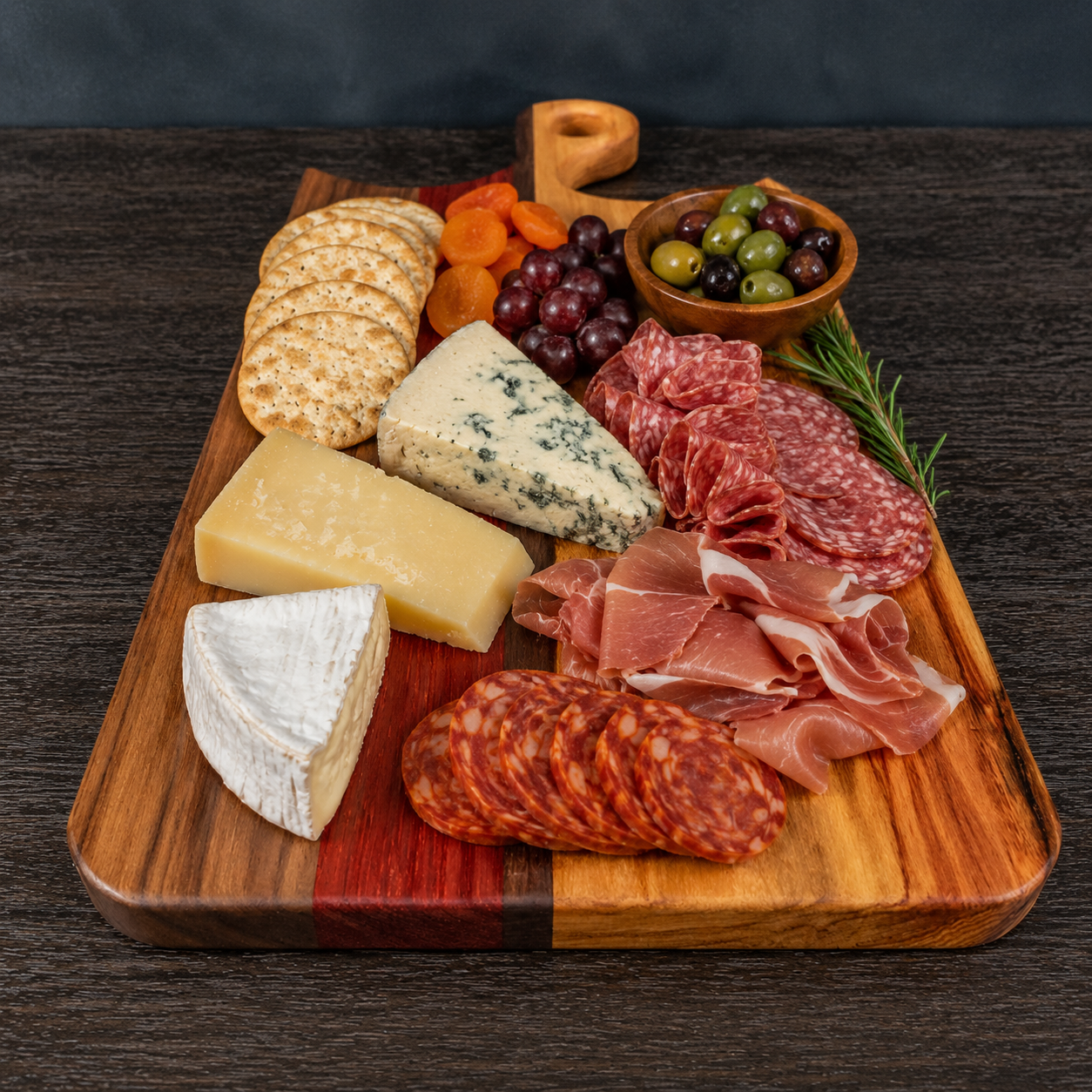 Canary, Padauk, and Walnut Charcuterie Board