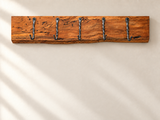 Rustic Wood Coat Rack with Hand-Forged Hooks