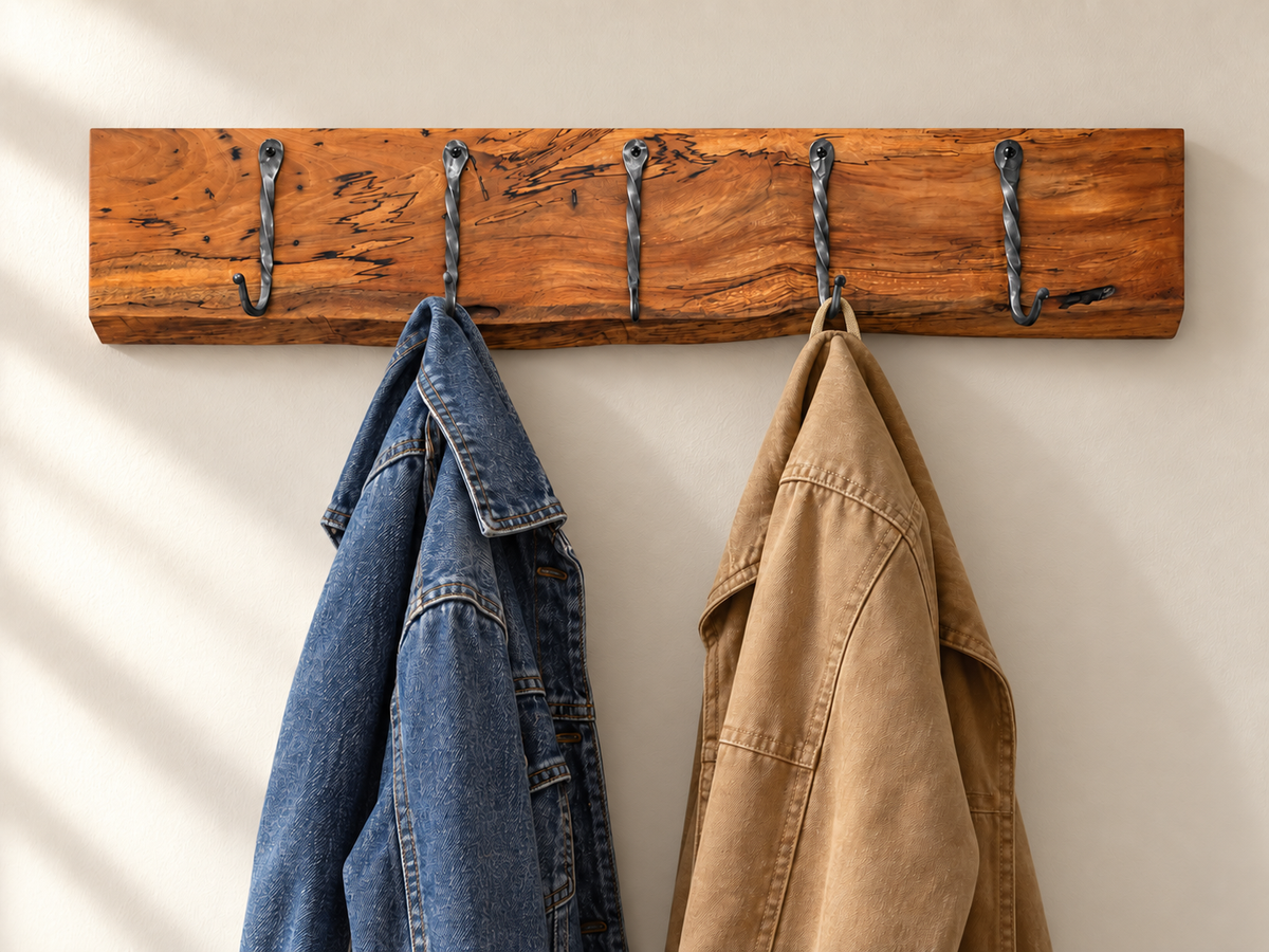 Rustic Wood Coat Rack with Hand-Forged Hooks
