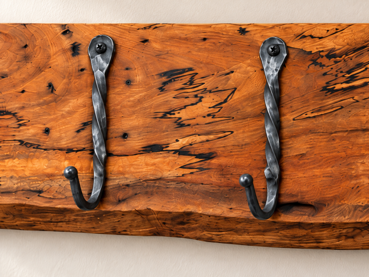 Rustic Wood Coat Rack with Hand-Forged Hooks